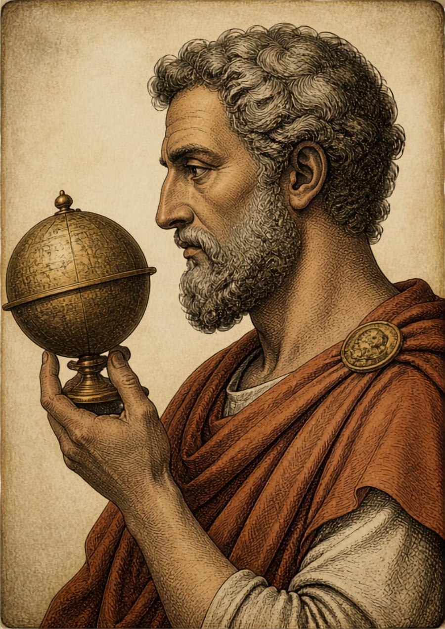 Classical illustration of a Roman philosopher with a globe